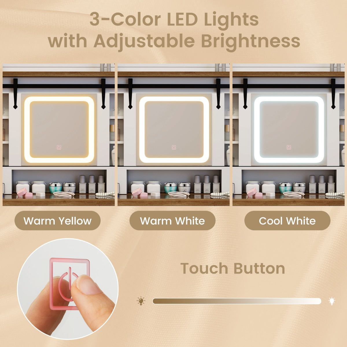 LIVSK Kaptafelset met Schuifspiegel en LED-verlichting - Grote Opbergcapaciteit - Glazen Blad - Wit + Rustiek Bruin