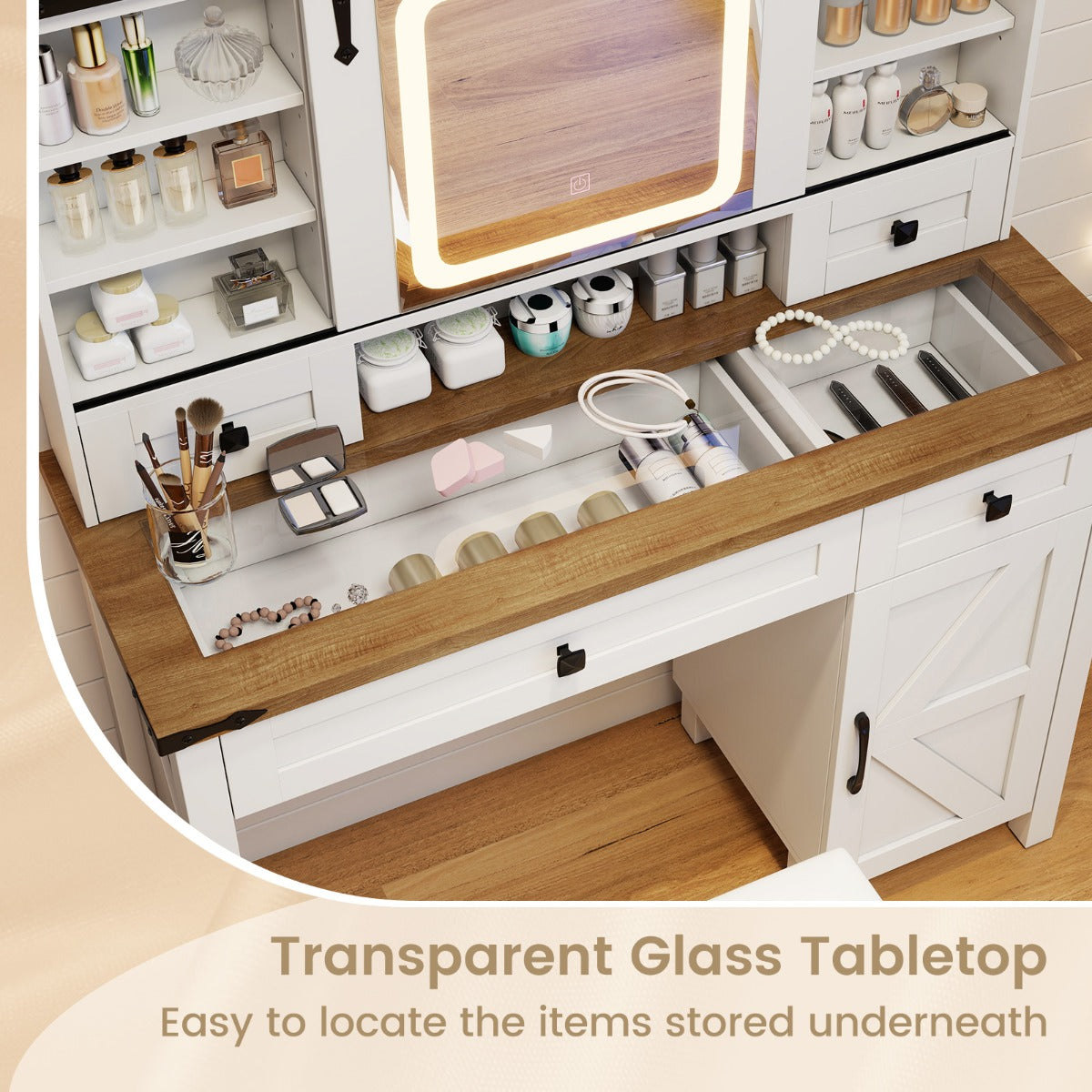 LIVSK Kaptafelset met Schuifspiegel en LED-verlichting - Grote Opbergcapaciteit - Glazen Blad - Wit + Rustiek Bruin