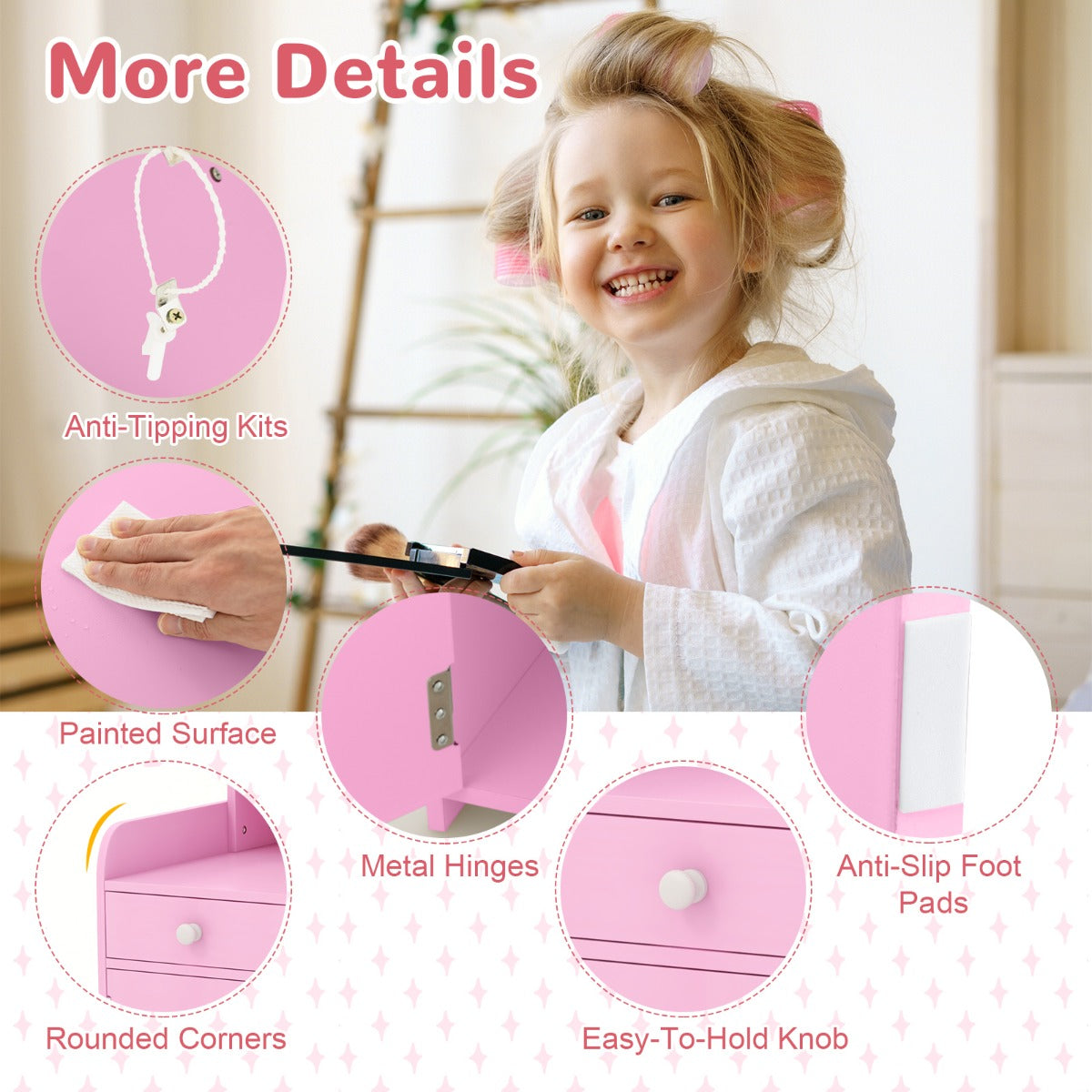 LIVSK Kaptafelset met Verlichting - 120 LED-lampjes - Ruime Opbergruimte - Veilig en Sterk - Tot 75 kg - Roze