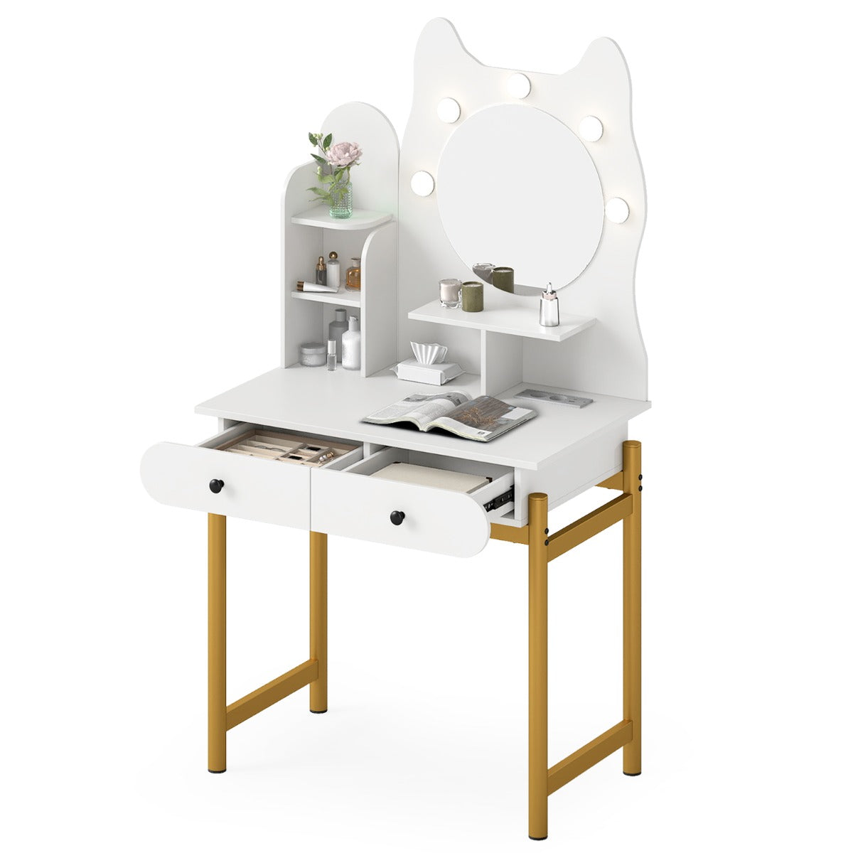 Livsk costway kaptafel in de vorm van een kat met spiegel make uptafel met 3 verlichtingsmodi open planken en 2 lades wit 1 1