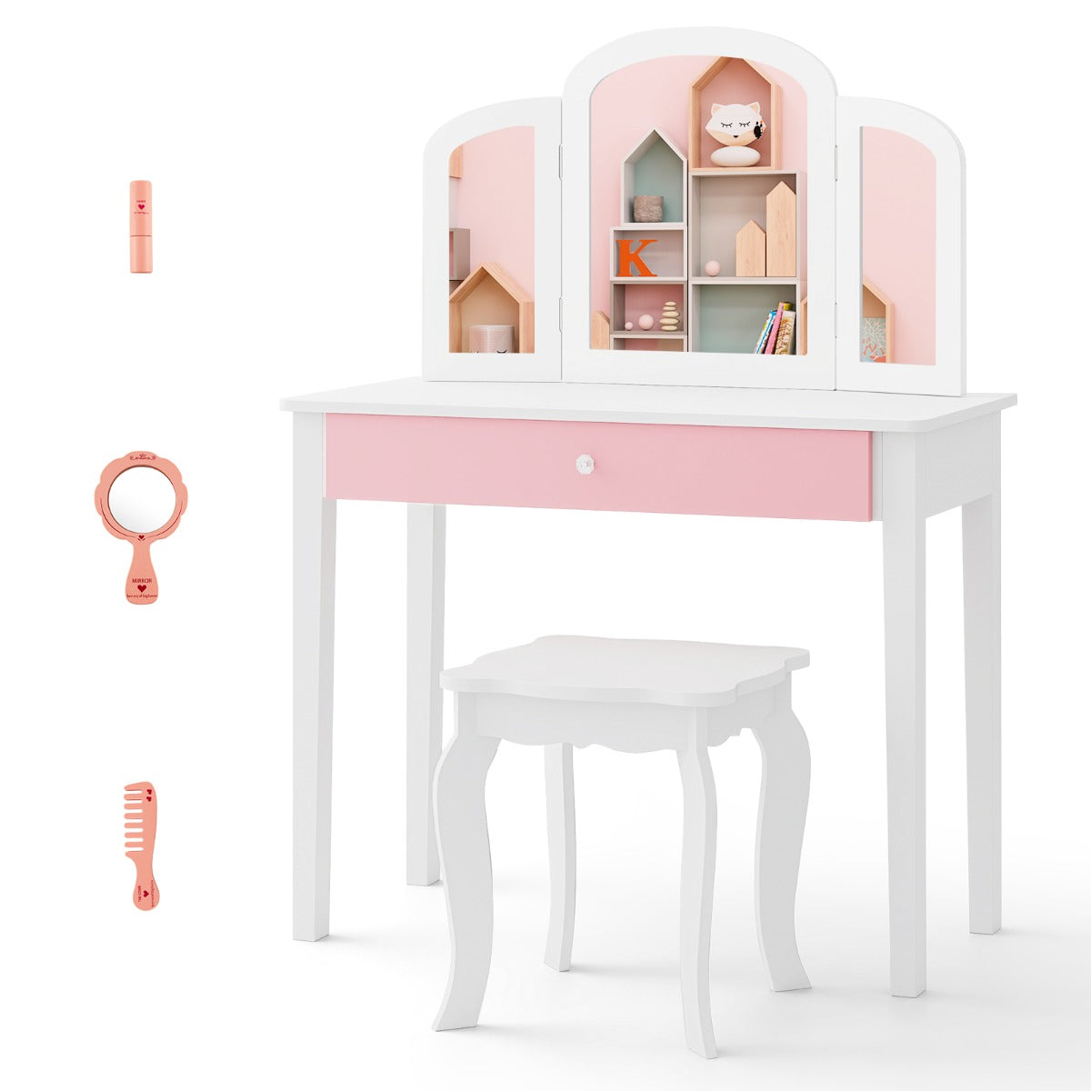 LIVSK Kaptafelset voor Kinderen - Drievoudige Inklapbare Spiegel - Grote Lade - Veiligheidsfuncties - Wit
