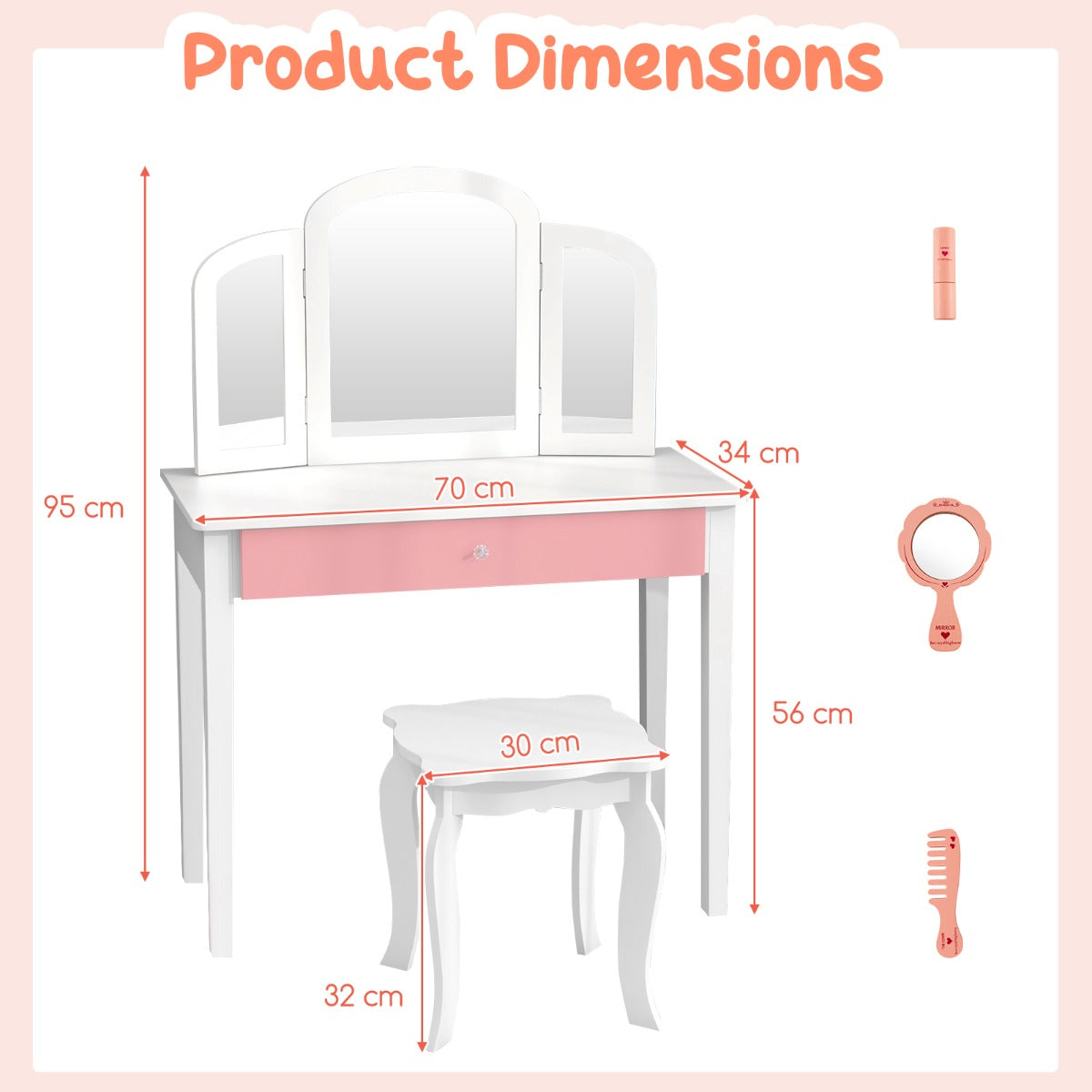 LIVSK Kaptafelset voor Kinderen - Drievoudige Inklapbare Spiegel - Grote Lade - Veiligheidsfuncties - Wit