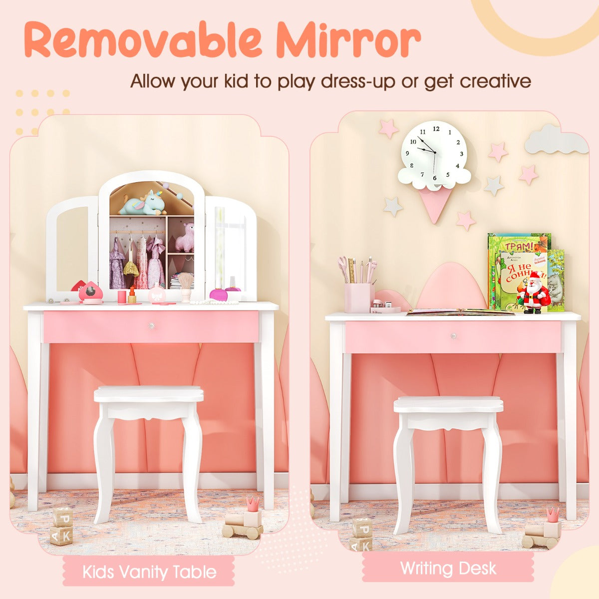 LIVSK Kaptafelset voor Kinderen - Drievoudige Inklapbare Spiegel - Grote Lade - Veiligheidsfuncties - Wit
