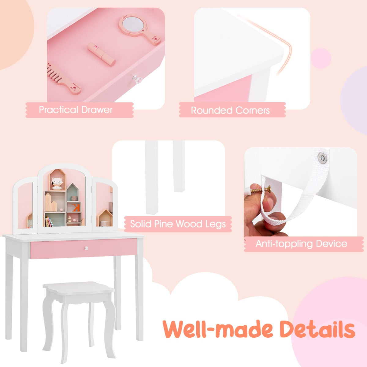 LIVSK Kaptafelset voor Kinderen - Drievoudige Inklapbare Spiegel - Grote Lade - Veiligheidsfuncties - Wit