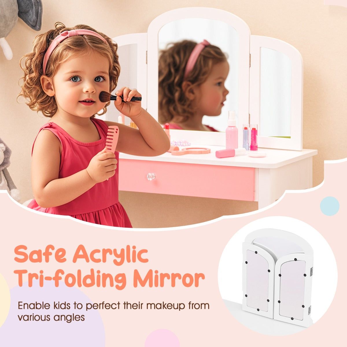 LIVSK Kaptafelset voor Kinderen - Drievoudige Inklapbare Spiegel - Grote Lade - Veiligheidsfuncties - Wit