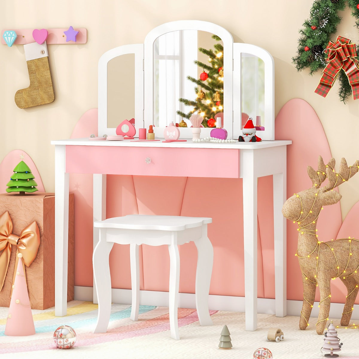 LIVSK Kaptafelset voor Kinderen - Drievoudige Inklapbare Spiegel - Grote Lade - Veiligheidsfuncties - Wit