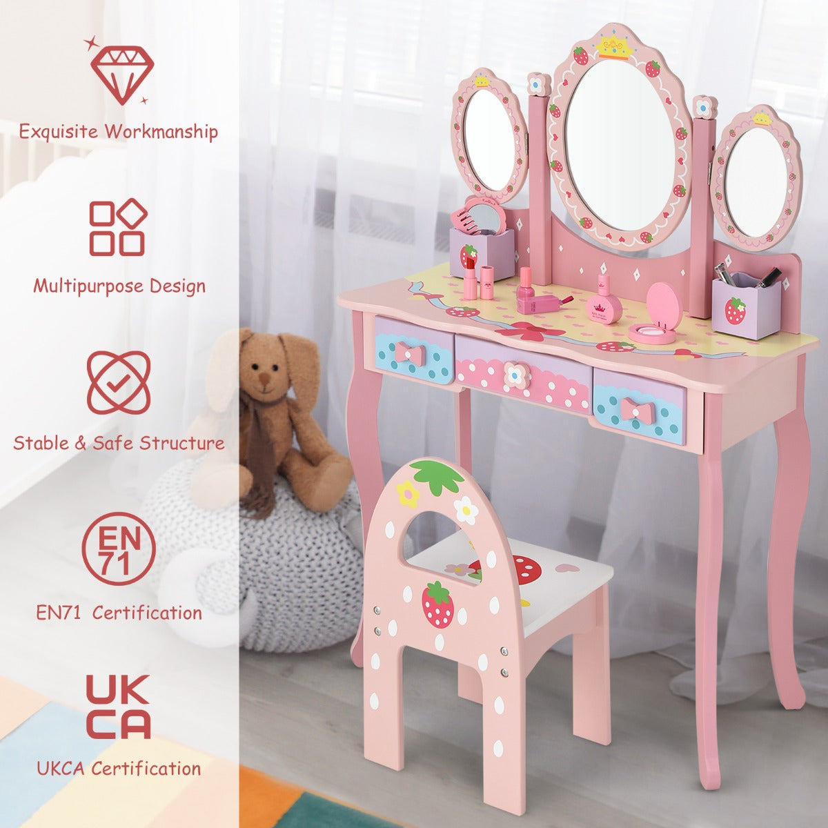 LIVSK 2-in-1 Kinderkaptafel - Bureau met 3-delige Spiegel - Veilig en Ruimtebesparend - Inclusief Stoel - Roze