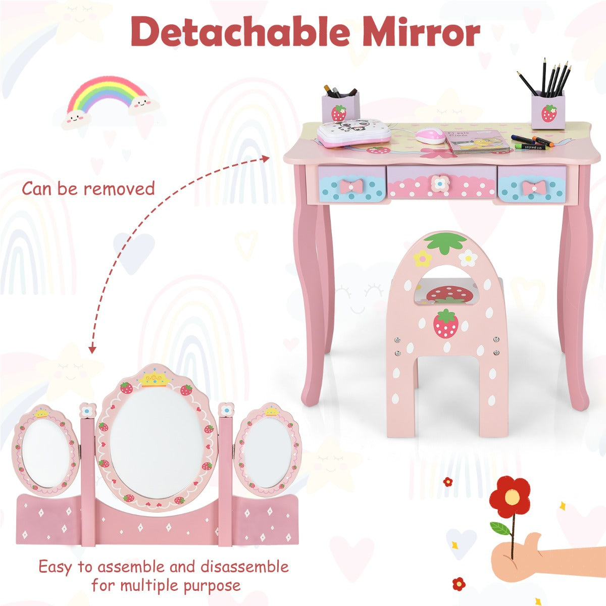 LIVSK 2-in-1 Kinderkaptafel - Bureau met 3-delige Spiegel - Veilig en Ruimtebesparend - Inclusief Stoel - Roze