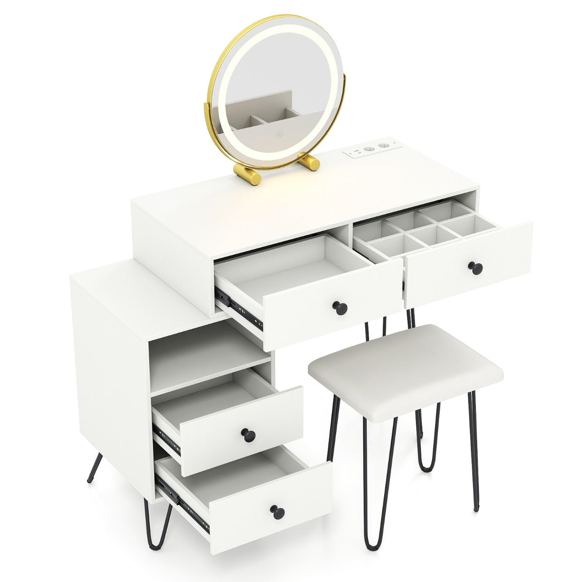 Livsk costway kaptafel met kruk en ledverlichting moderne kaptafel met oplaadstation 1 1