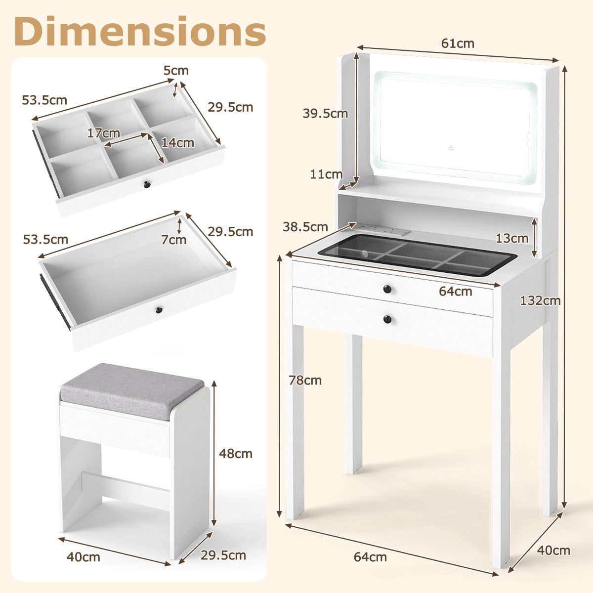 Livsk costway kaptafel met kruk led verlichte spiegel en ladekast met twee lades wit 1 1
