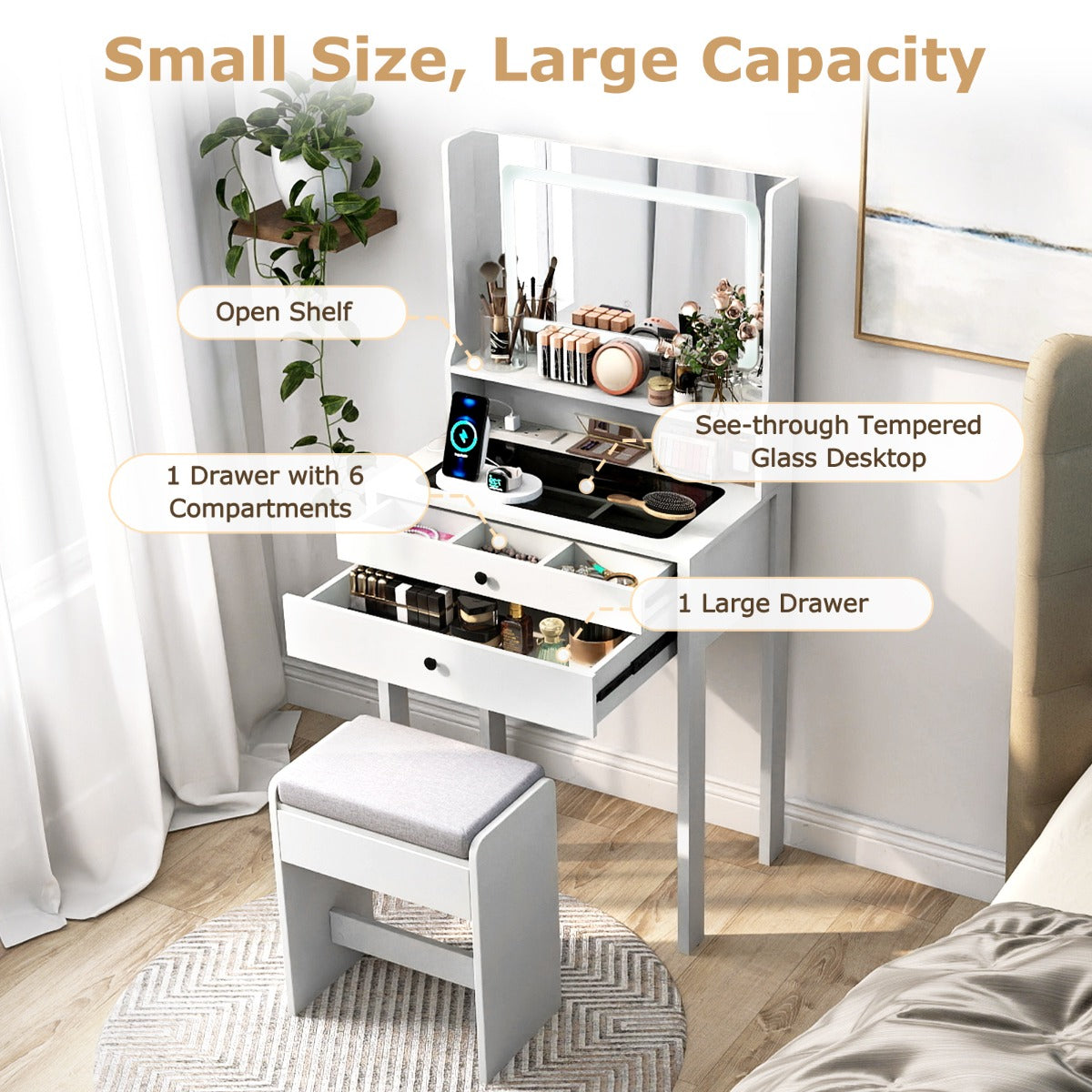 Livsk costway kaptafel met kruk led verlichte spiegel en ladekast met twee lades wit 2