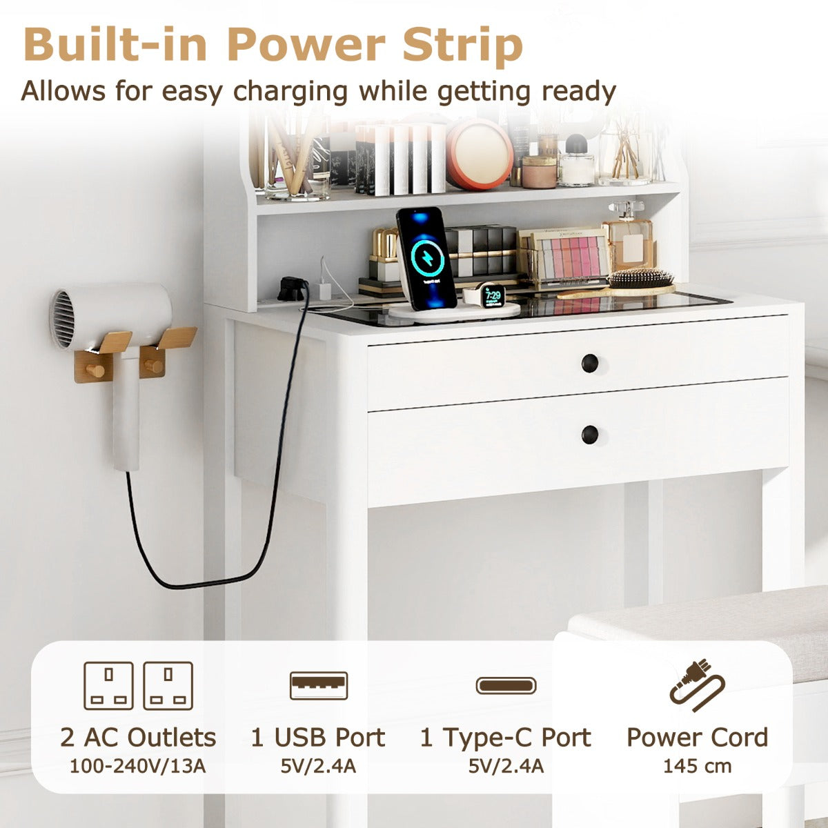 Livsk costway kaptafel met kruk led verlichte spiegel en ladekast met twee lades wit 3