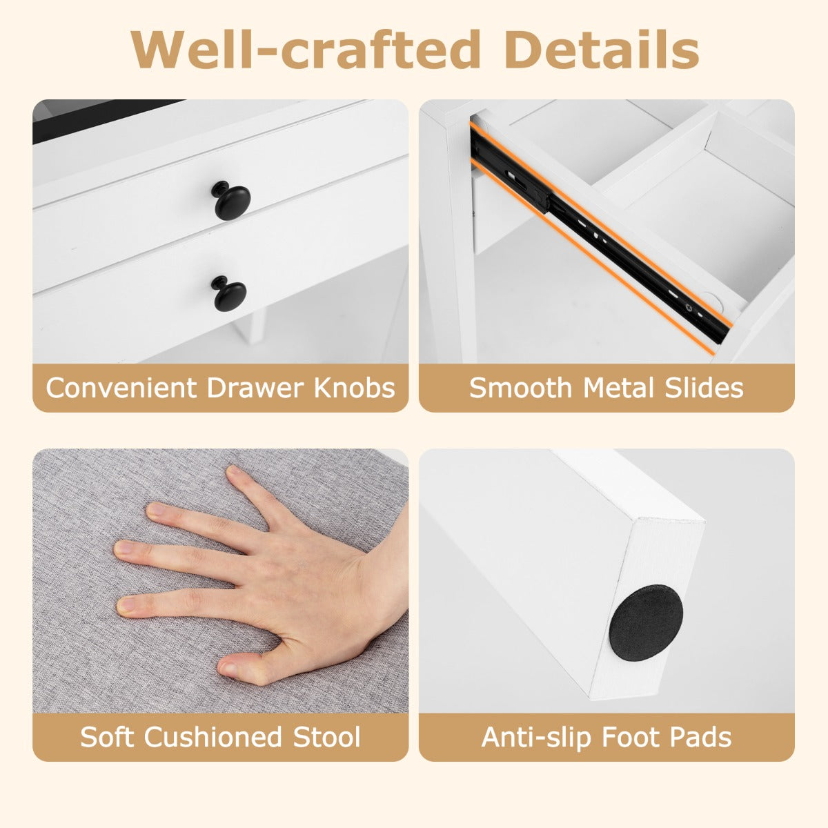 Livsk costway kaptafel met kruk led verlichte spiegel en ladekast met twee lades wit 4