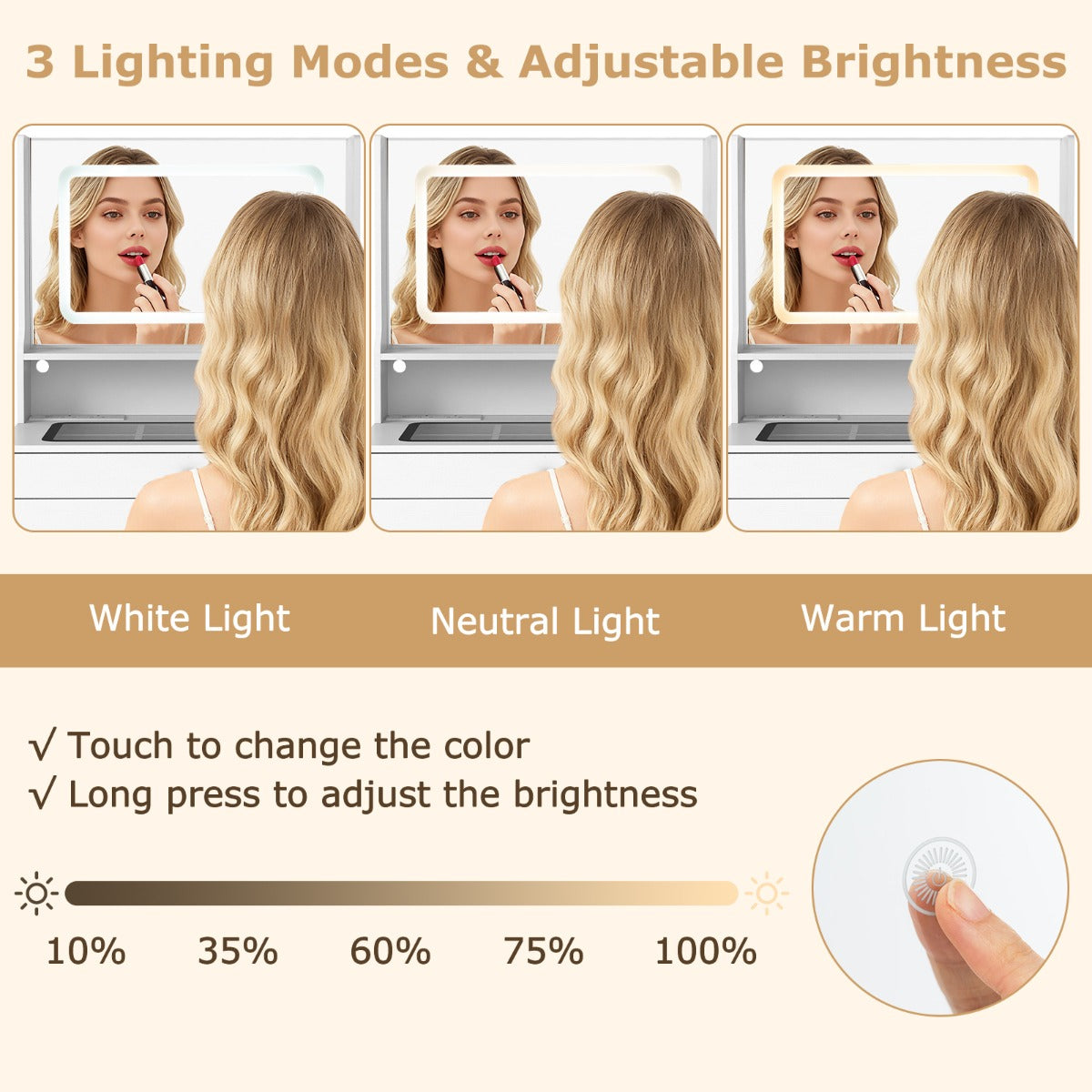 Livsk costway kaptafel met kruk led verlichte spiegel en ladekast met twee lades wit 5