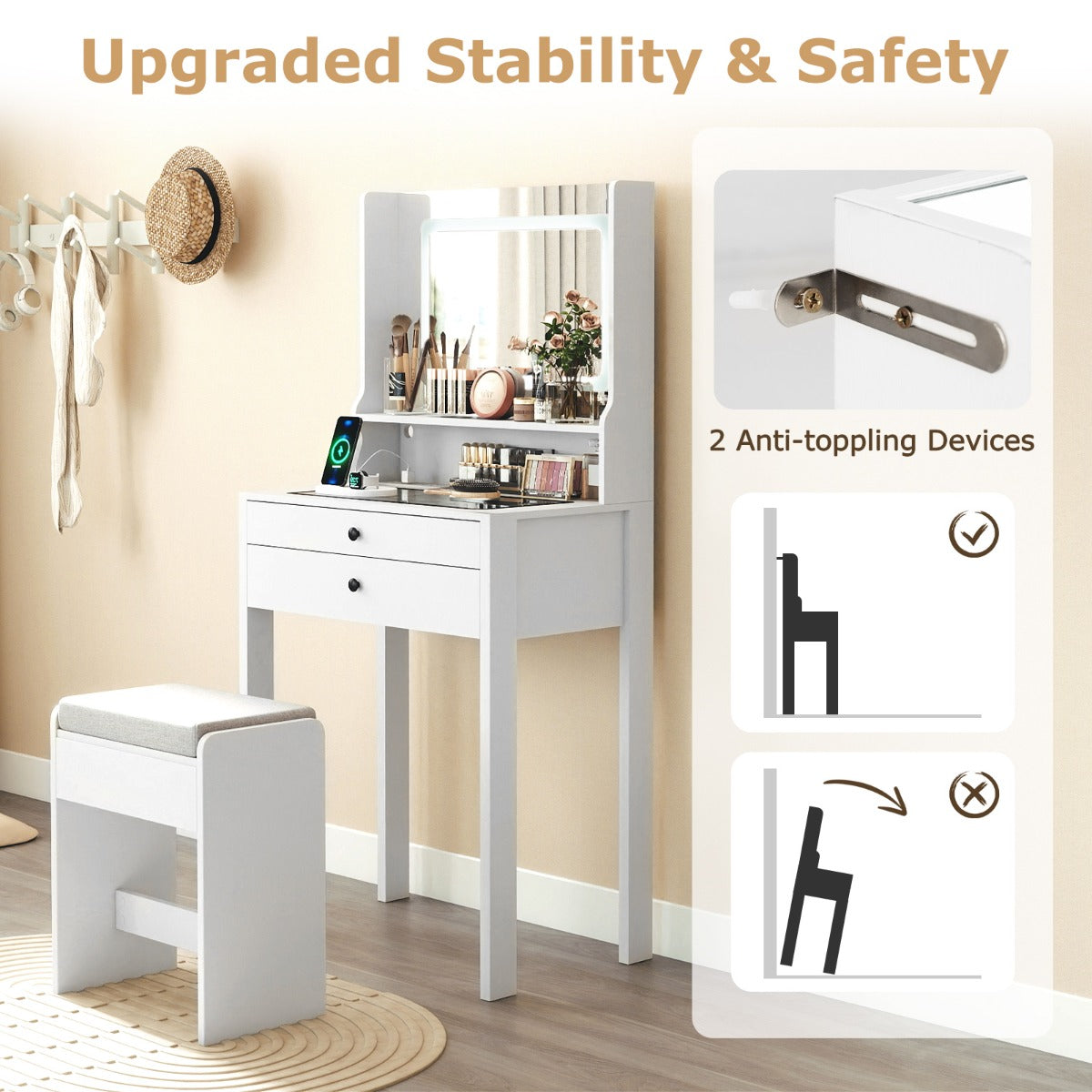 Livsk costway kaptafel met kruk led verlichte spiegel en ladekast met twee lades wit 6