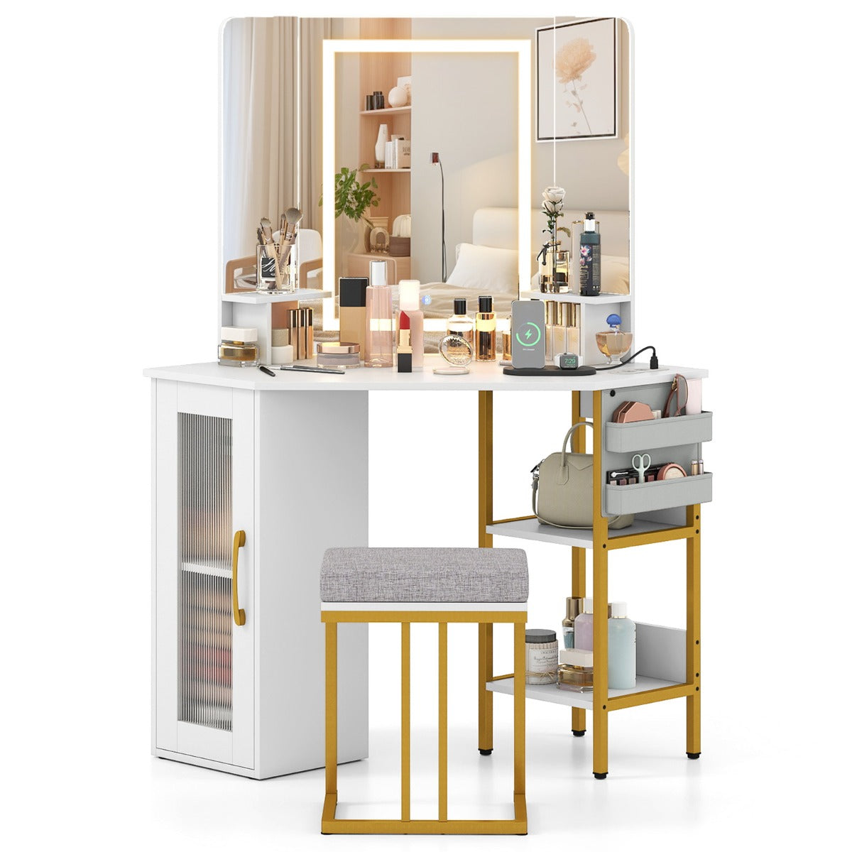 Livsk costway kaptafel met kruk verlichting en oplaadstation hoekkaptafel met driezijdige spiegel