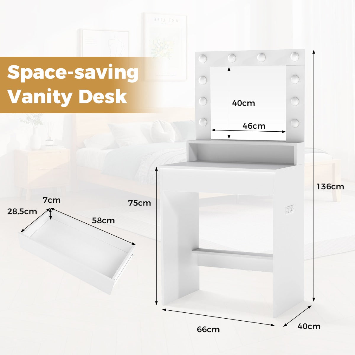 LIVSK Kaptafel met LED-Verlichting - 3 Lichtmodi - Geïntegreerd Laadstation - Ruime Opbergruimte - Veiligheidsmechanisme - Wit