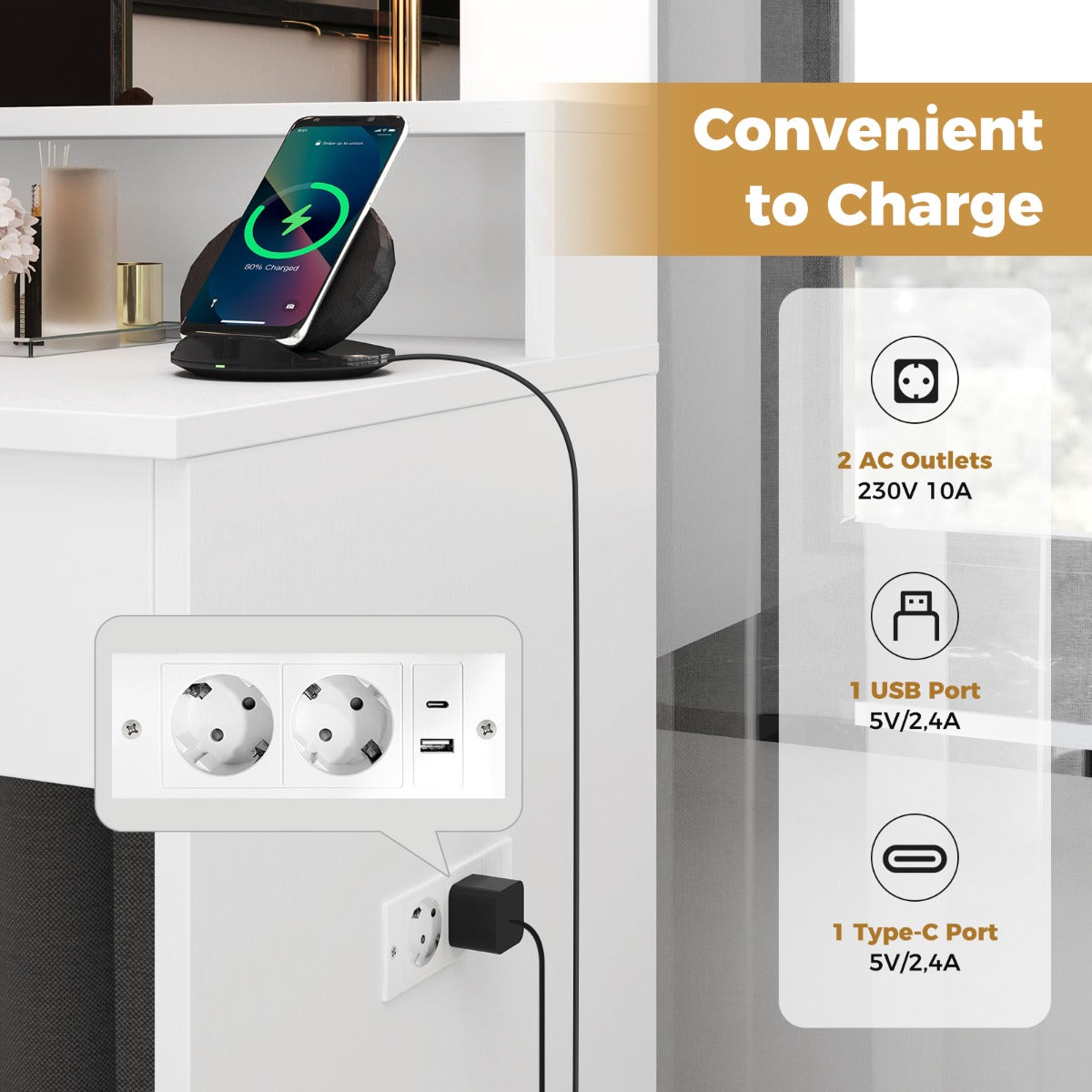 LIVSK Kaptafel met LED-Verlichting - 3 Lichtmodi - Geïntegreerd Laadstation - Ruime Opbergruimte - Veiligheidsmechanisme - Wit