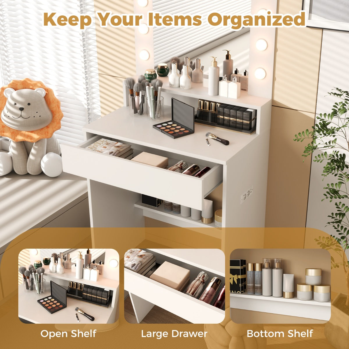 LIVSK Kaptafel met LED-Verlichting - 3 Lichtmodi - Geïntegreerd Laadstation - Ruime Opbergruimte - Veiligheidsmechanisme - Wit