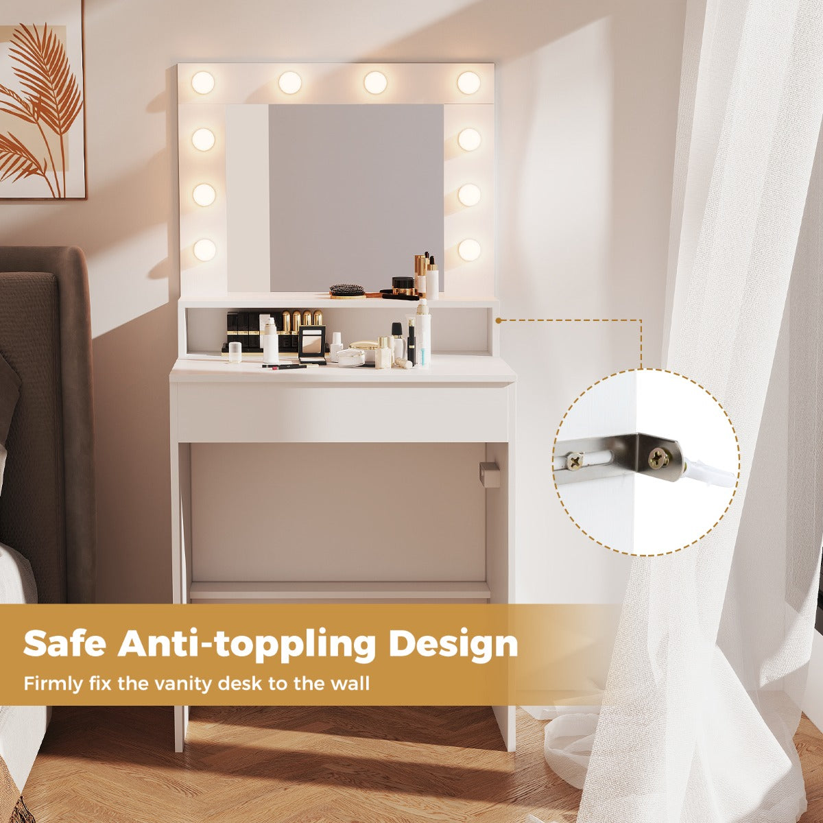 LIVSK Kaptafel met LED-Verlichting - 3 Lichtmodi - Geïntegreerd Laadstation - Ruime Opbergruimte - Veiligheidsmechanisme - Wit