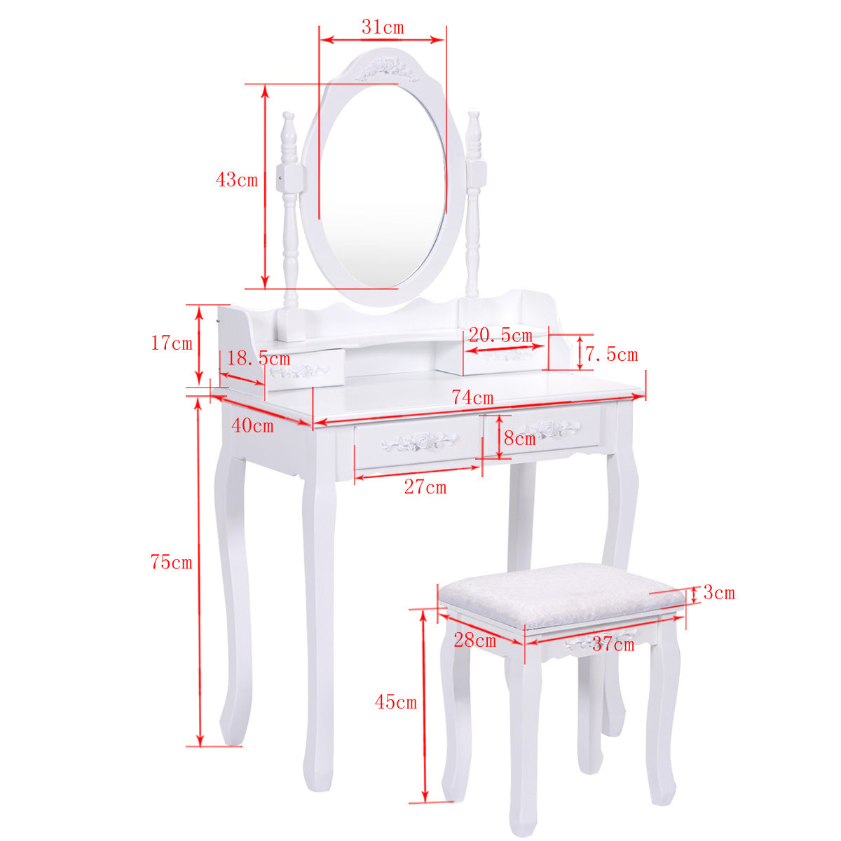 LIVSK Kaptafelset met Spiegel en Kruk - Stevige Houten Constructie - Eenvoudige Montage - Wit