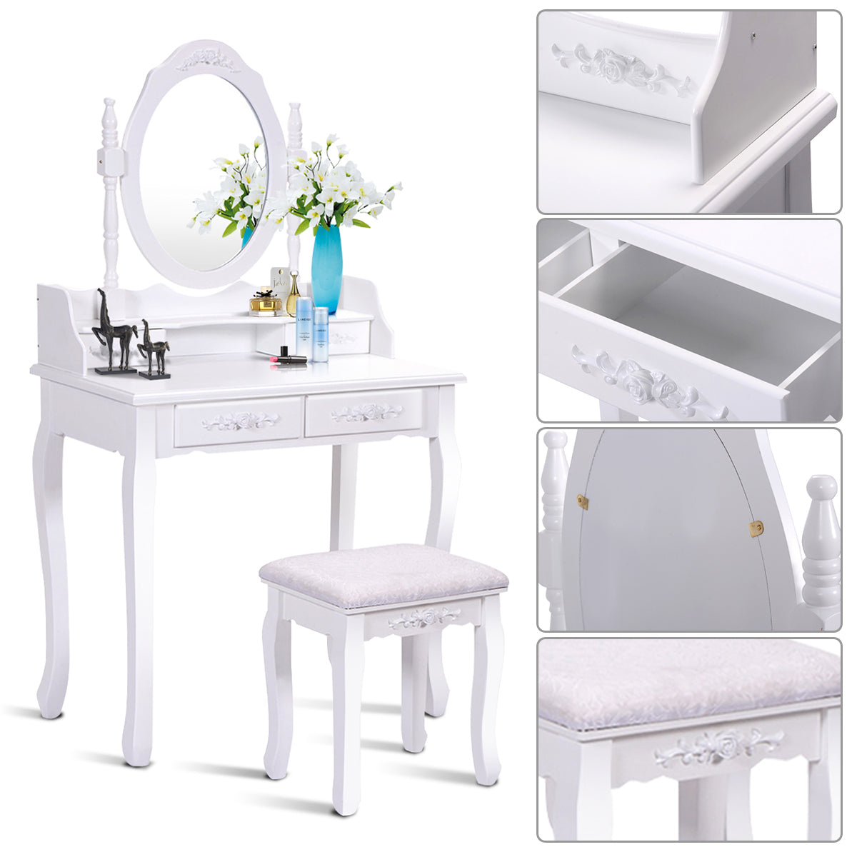 LIVSK Kaptafelset met Spiegel en Kruk - Stevige Houten Constructie - Eenvoudige Montage - Wit