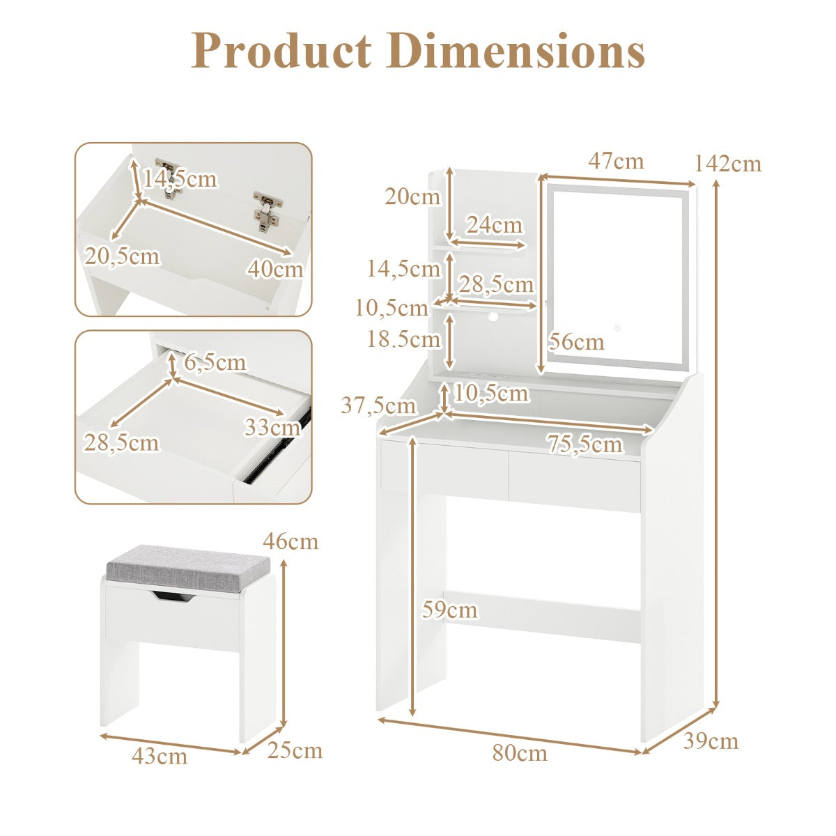 Livsk costway kaptafel met spiegel en driekleurige led verlichting 2