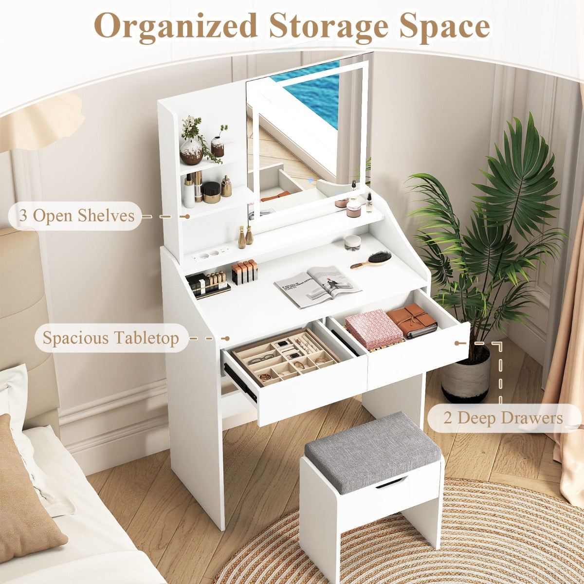 Livsk costway kaptafel met spiegel en driekleurige led verlichting 3