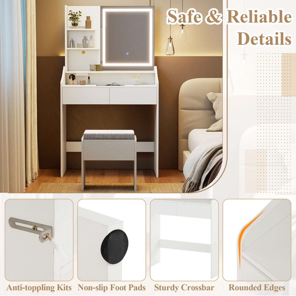 Livsk costway kaptafel met spiegel en driekleurige led verlichting 5