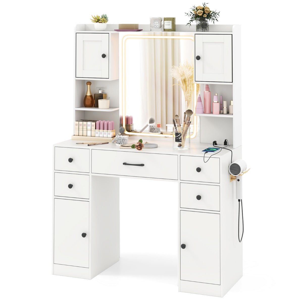 LIVSK Kaptafel met Oplaadstation - HD LED Spiegel met 3 Kleuropties - Ruime Opbergruimte - Stevig Ontwerp - Wit