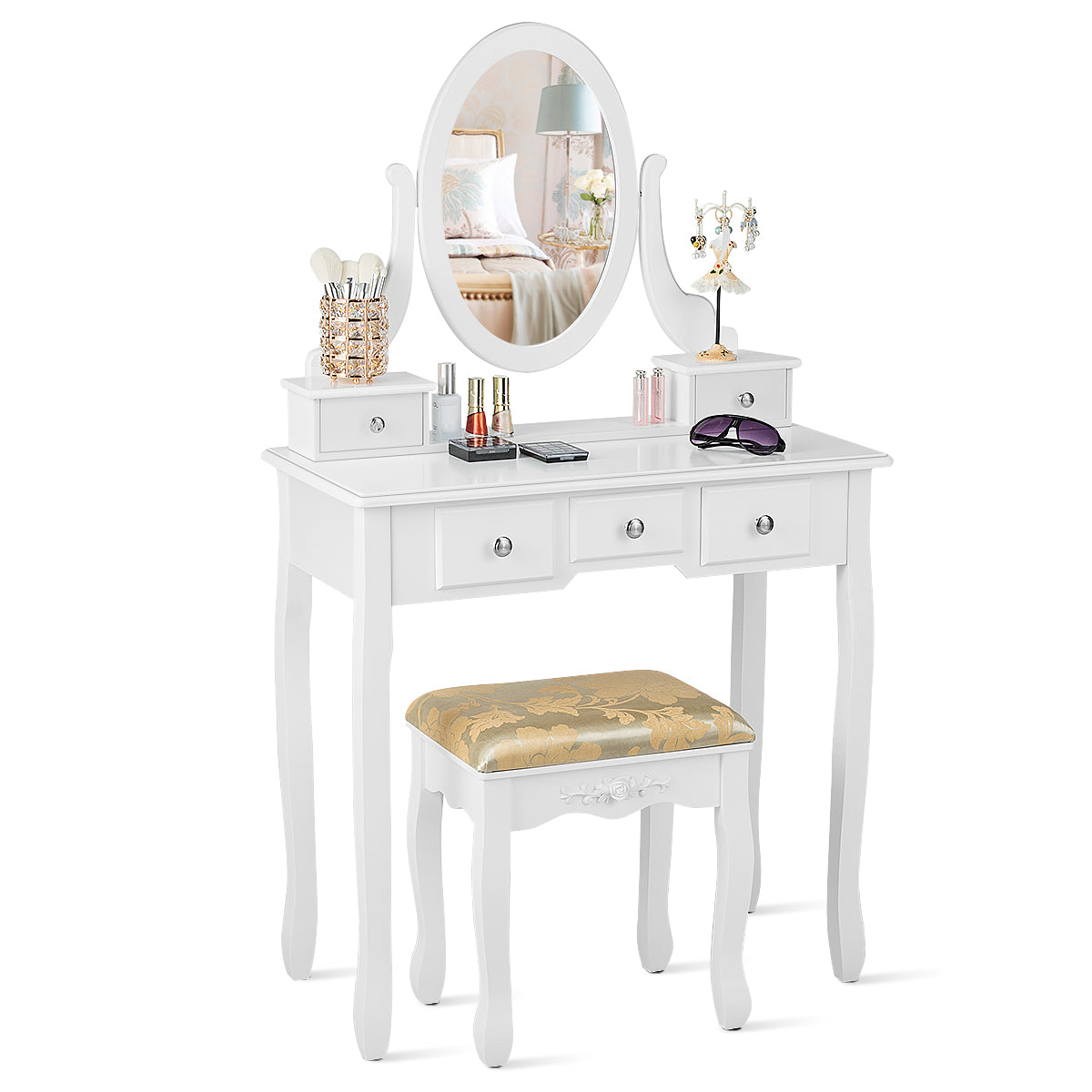 LIVSK Multifunctionele Kaptafel Set - 360° Draaibare Spiegel - 5 Lades - Stijlvolle Make-Uptafel - 80 x 40 x 136 cm - Wit