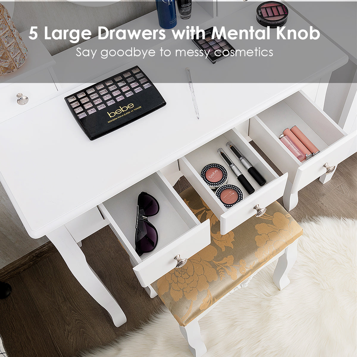 LIVSK Multifunctionele Kaptafel Set - 360° Draaibare Spiegel - 5 Lades - Stijlvolle Make-Uptafel - 80 x 40 x 136 cm - Wit