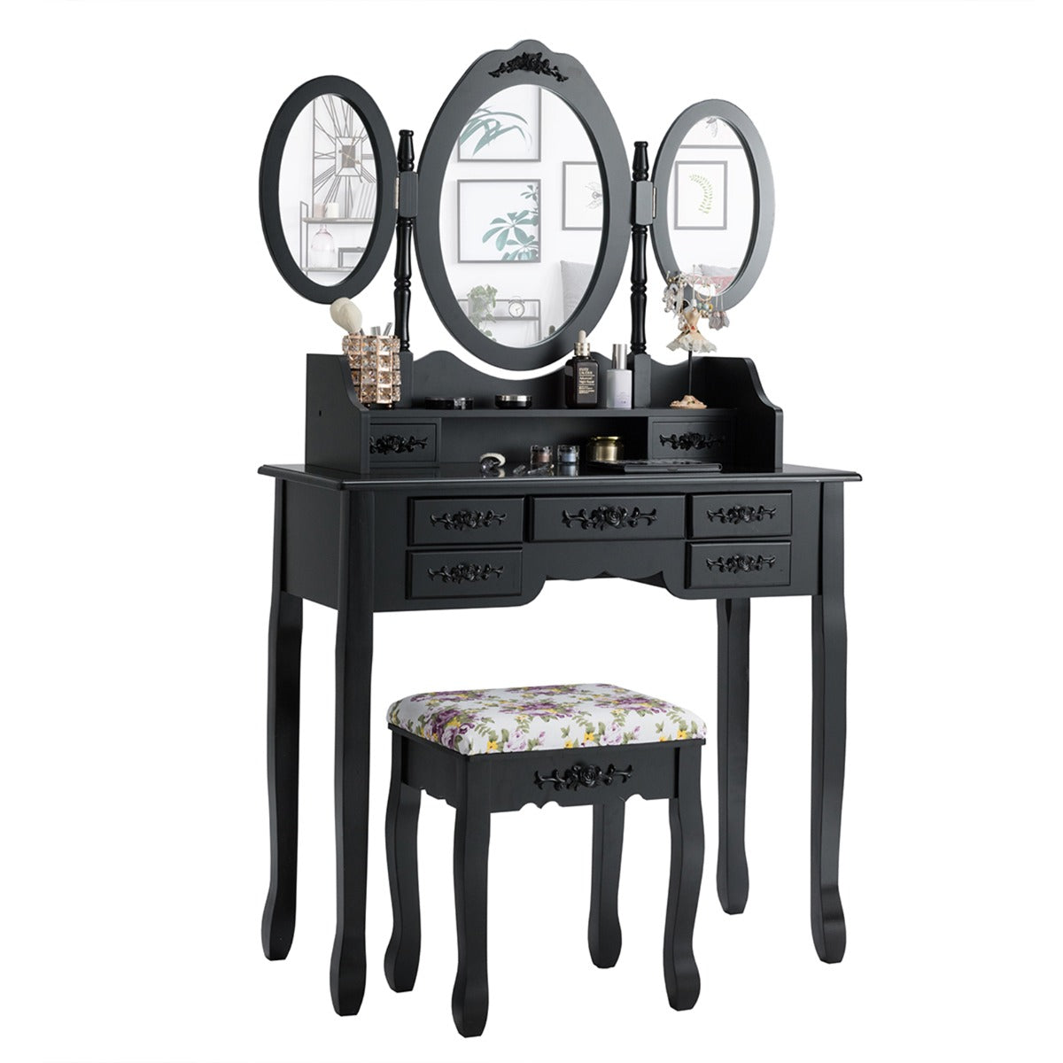 LIVSK Kaptafel Set - Elegante Spiegels - Make-up Tafel - Kussen - 7 Lades - Zwart