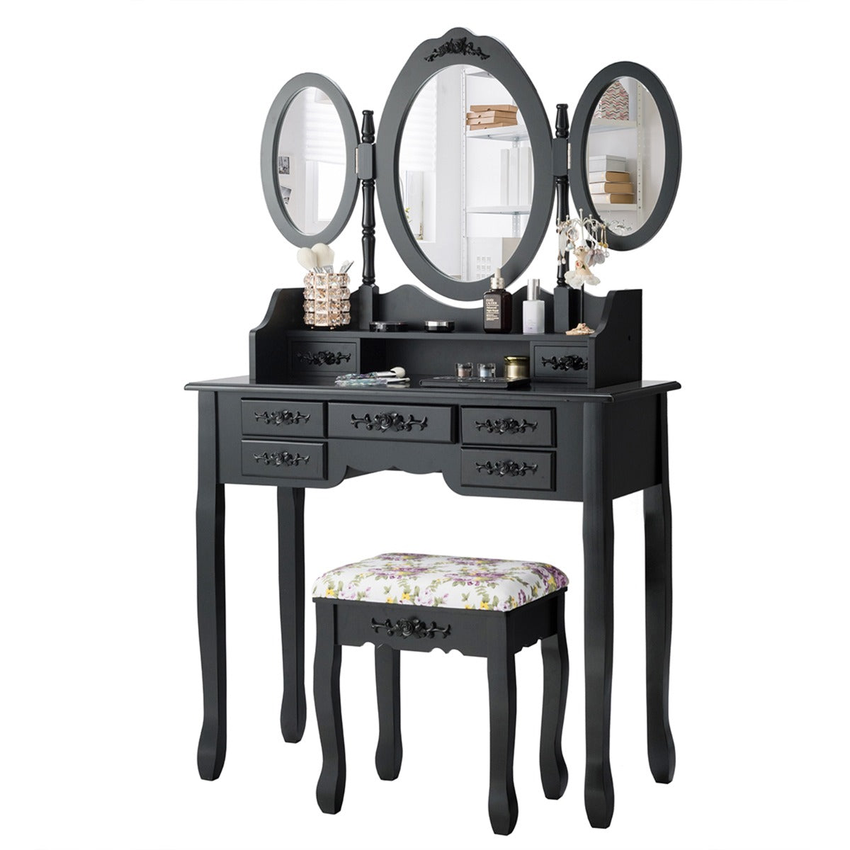 LIVSK Kaptafel Set - Elegante Spiegels - Make-up Tafel - Kussen - 7 Lades - Zwart