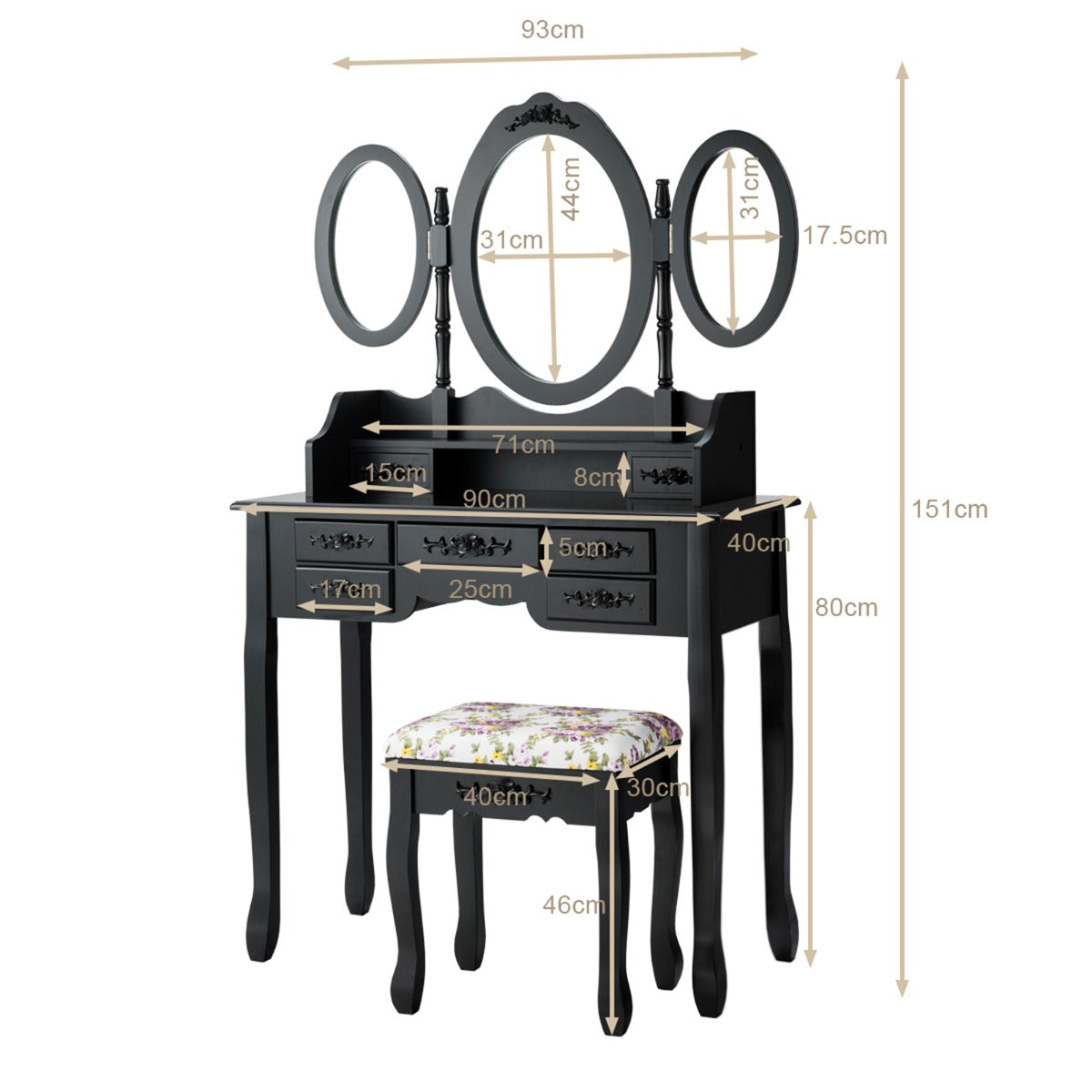 LIVSK Kaptafel Set - Elegante Spiegels - Make-up Tafel - Kussen - 7 Lades - Zwart