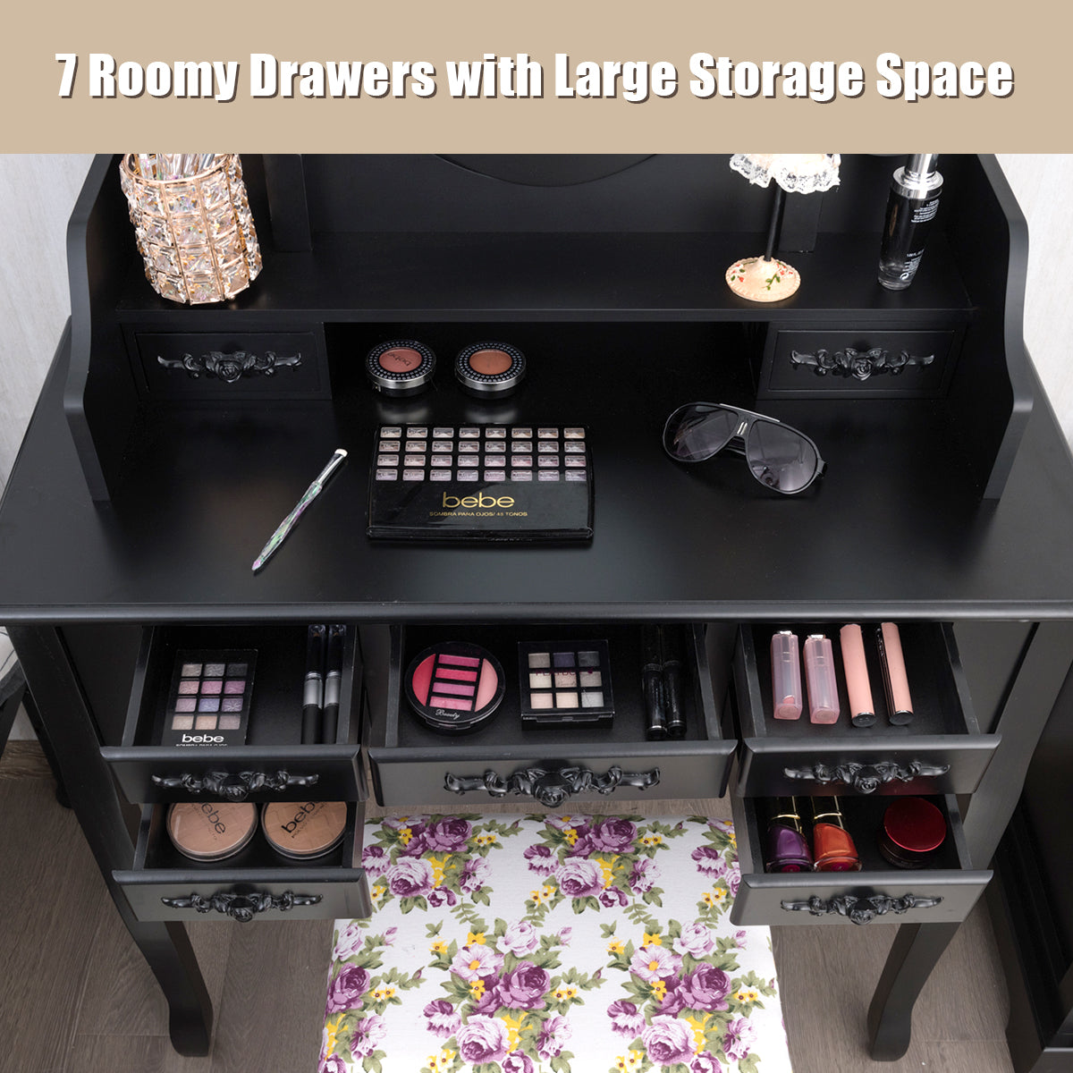 LIVSK Kaptafel Set - Elegante Spiegels - Make-up Tafel - Kussen - 7 Lades - Zwart
