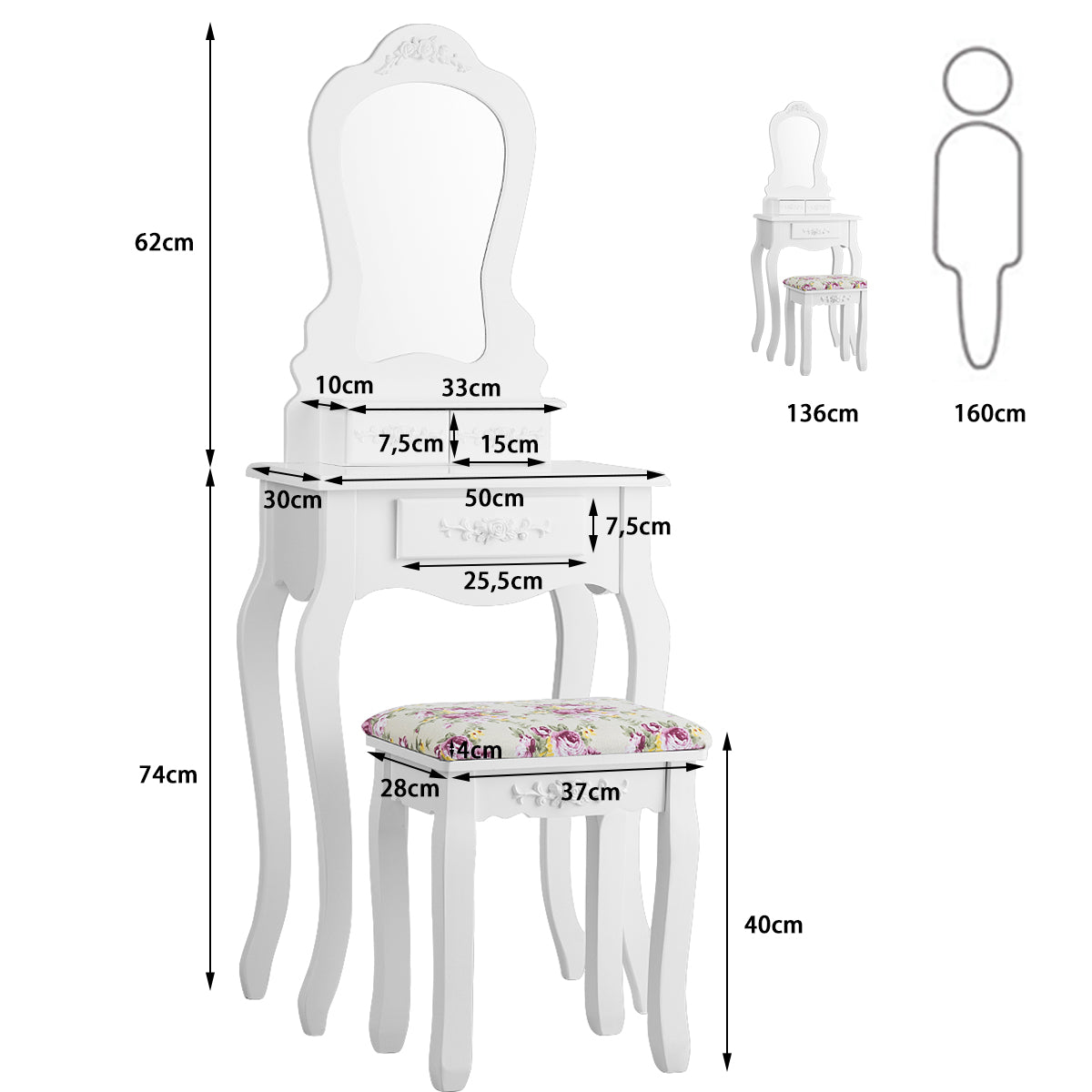 LIVSK Kaptafel Set - Waaiervormige Spiegel - 3 Lades - Afneembaar Bovendeel - Inclusief Krukje - 50 x 30 x 136 cm - Wit