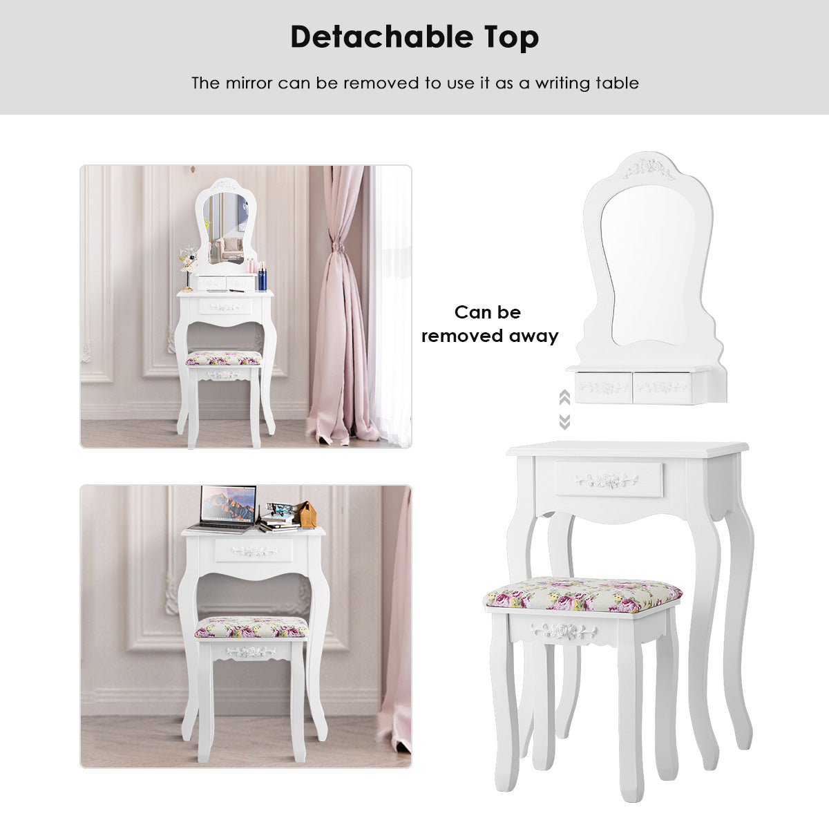 LIVSK Kaptafel Set - Waaiervormige Spiegel - 3 Lades - Afneembaar Bovendeel - Inclusief Krukje - 50 x 30 x 136 cm - Wit