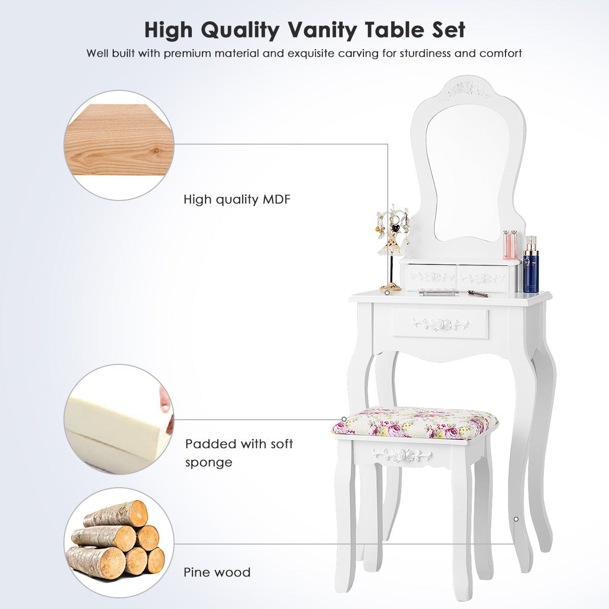 LIVSK Kaptafel Set - Waaiervormige Spiegel - 3 Lades - Afneembaar Bovendeel - Inclusief Krukje - 50 x 30 x 136 cm - Wit