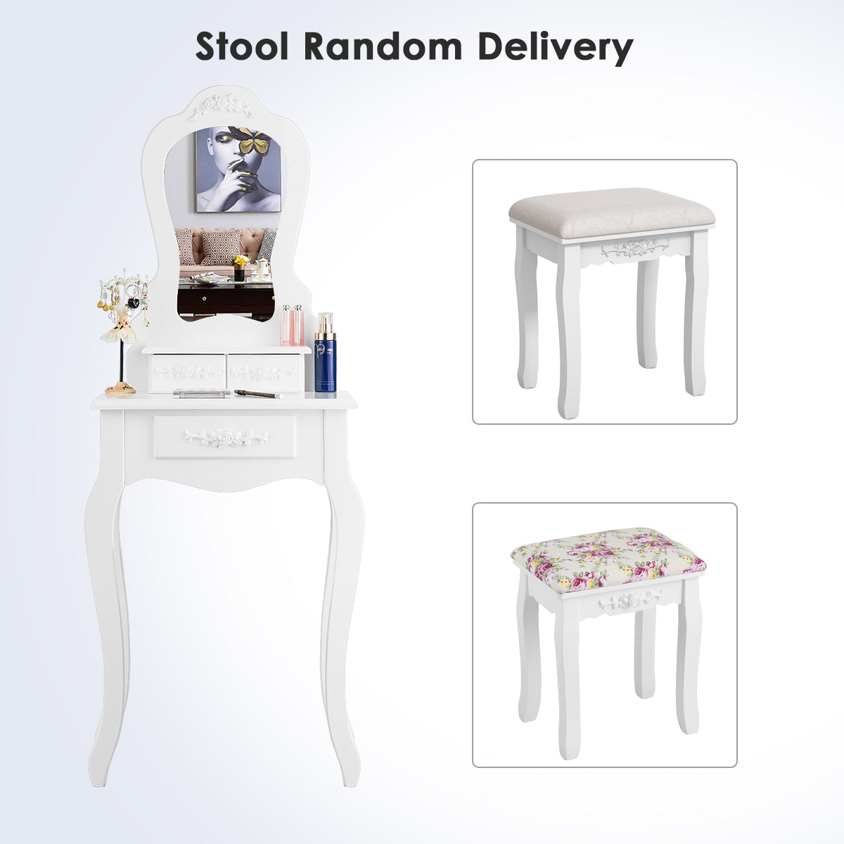 LIVSK Kaptafel Set - Waaiervormige Spiegel - 3 Lades - Afneembaar Bovendeel - Inclusief Krukje - 50 x 30 x 136 cm - Wit