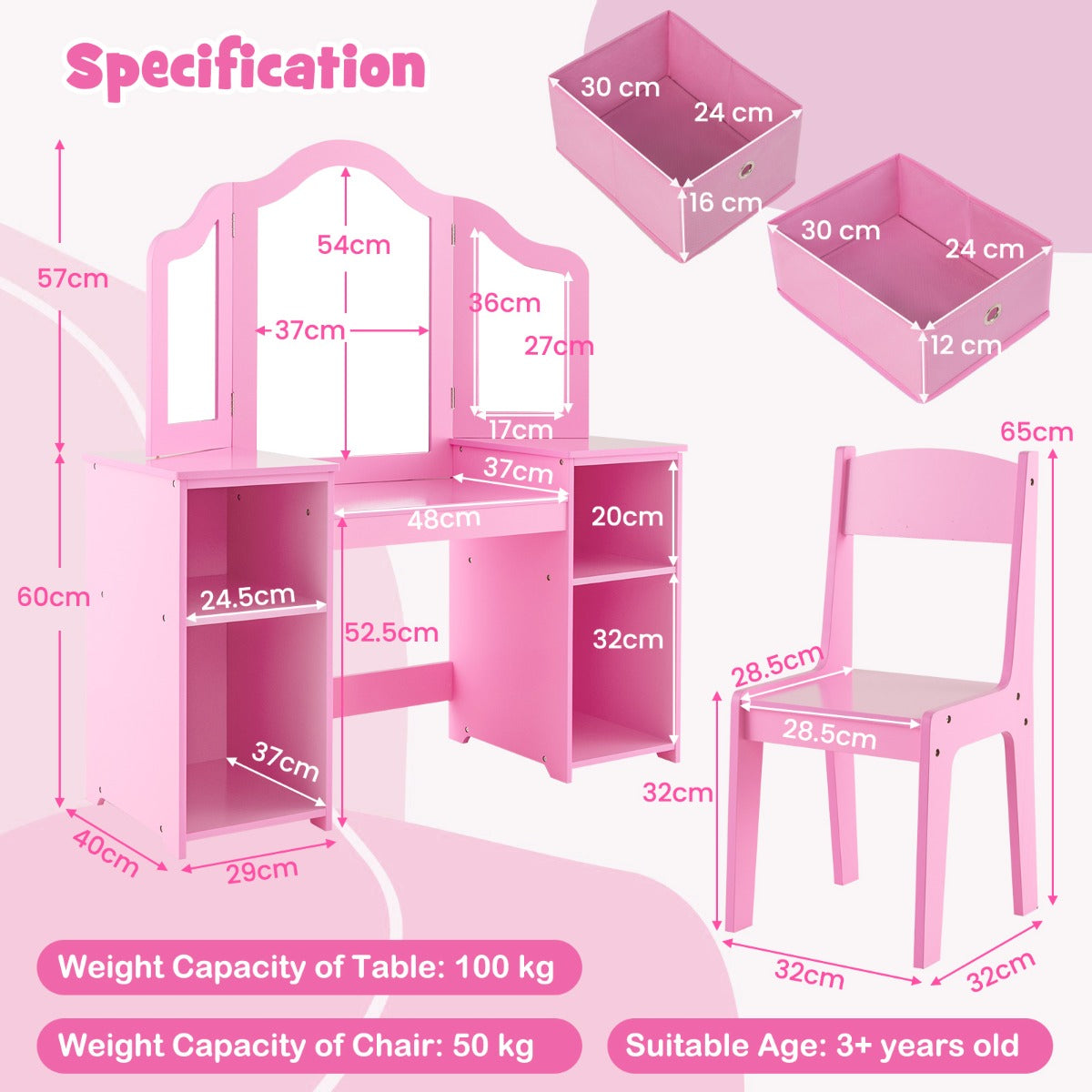 LIVSK Kinderkaptafel en Schrijftafel - 2-in-1 met 3 Afneembare Spiegels - Ergonomische Stoel - Opbergruimte - Roze/Wit