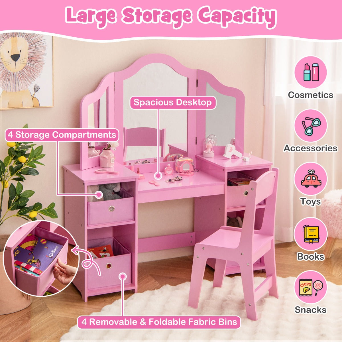 LIVSK Kinderkaptafel en Schrijftafel - 2-in-1 met 3 Afneembare Spiegels - Ergonomische Stoel - Opbergruimte - Roze/Wit