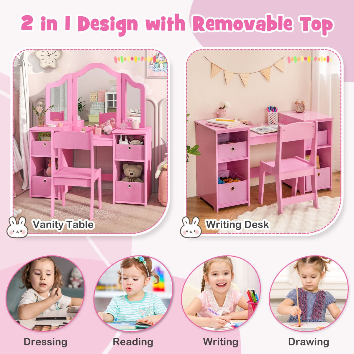LIVSK Kinderkaptafel en Schrijftafel - 2-in-1 met 3 Afneembare Spiegels - Ergonomische Stoel - Opbergruimte - Roze/Wit