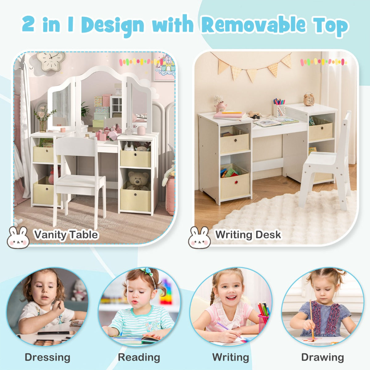 LIVSK Kinderkaptafel en Schrijftafel - 2-in-1 Ontwerp - 3 Spiegels - Opbergruimte - Veiligheidsvoorzieningen - Roze/Wit