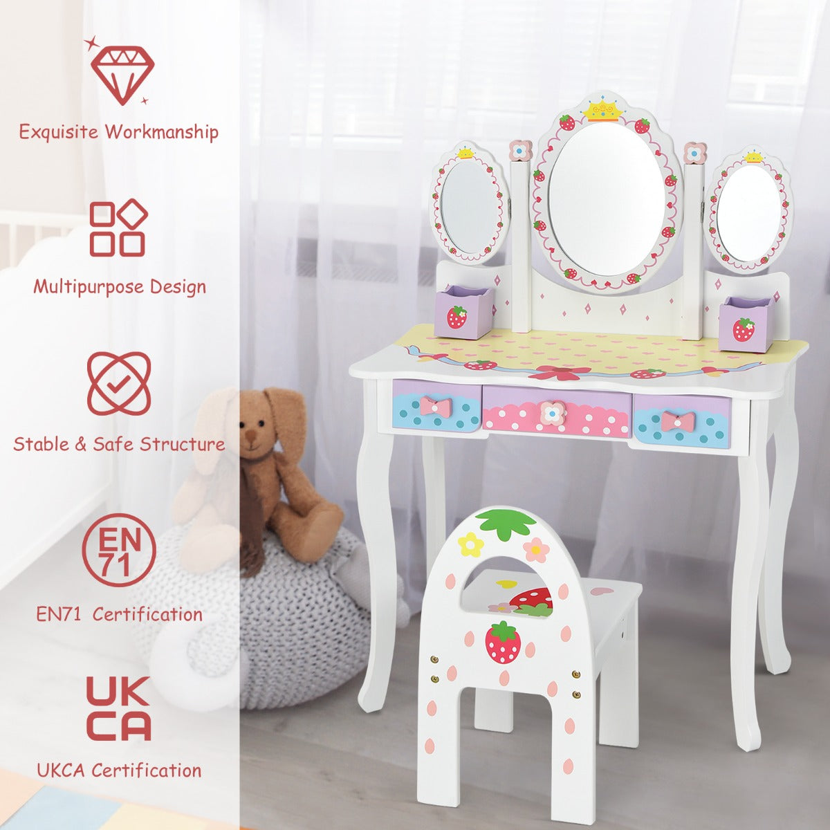 LIVSK Kinderkaptafel met Spiegels - Opvouwbaar Bureau - 3 Laden - Duurzaam MDF - Veilig en Schattig - 70 x 34 x 105 cm - Wit