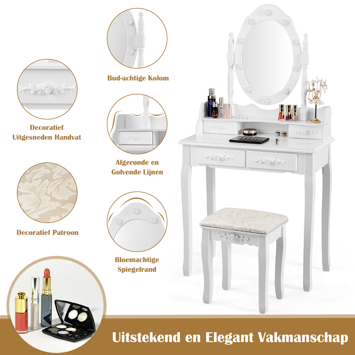 LIVSK Kaptafel met Dimbare LED-verlichting - Ovale Spiegel met 360° Draaifunctie - Veel Opbergruimte - Wit