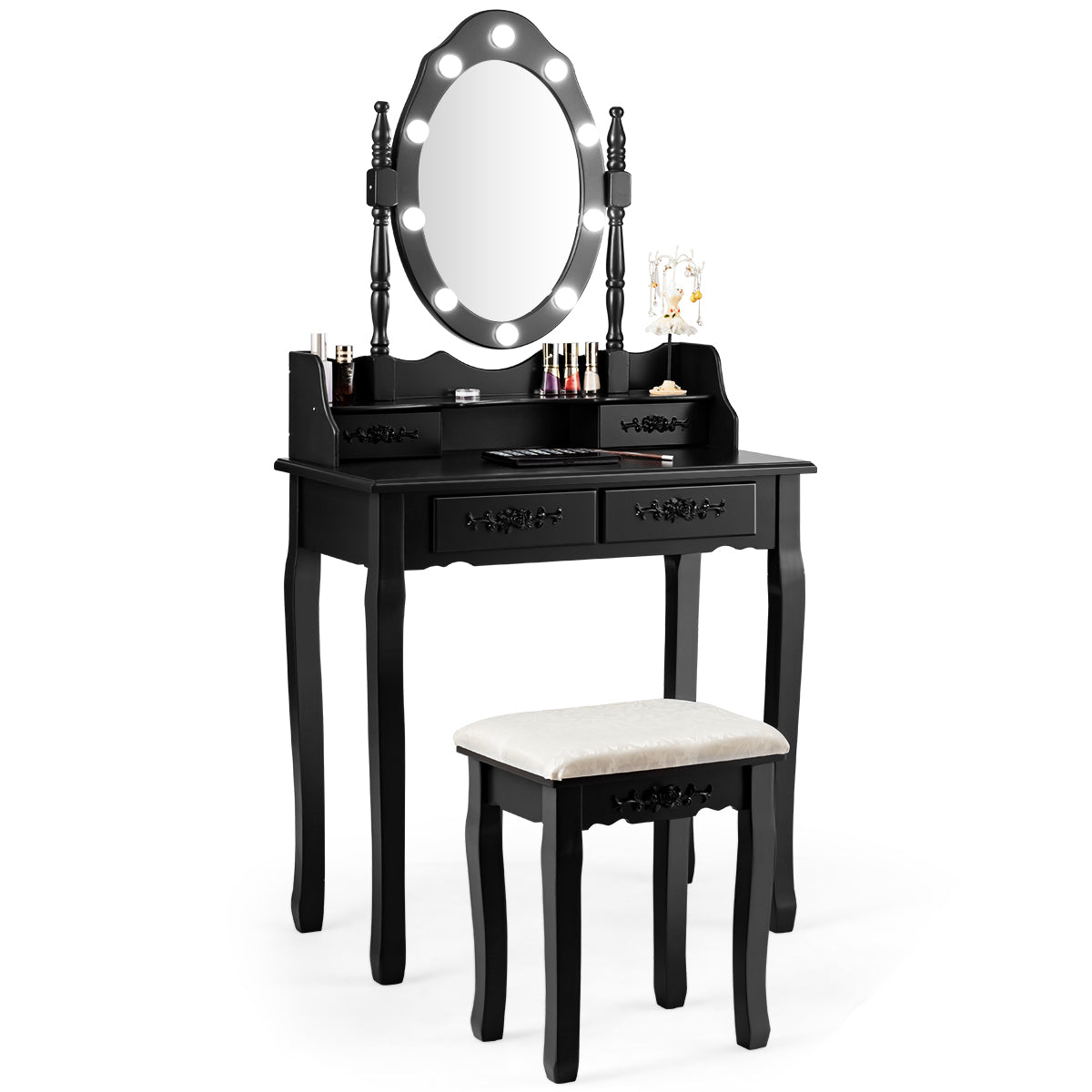 LIVSK Kaptafel met Ovale Spiegel en LED-Verlichting - Waterdicht MDF - Veel Opbergruimte - Comfortabele Kruk - Zwart