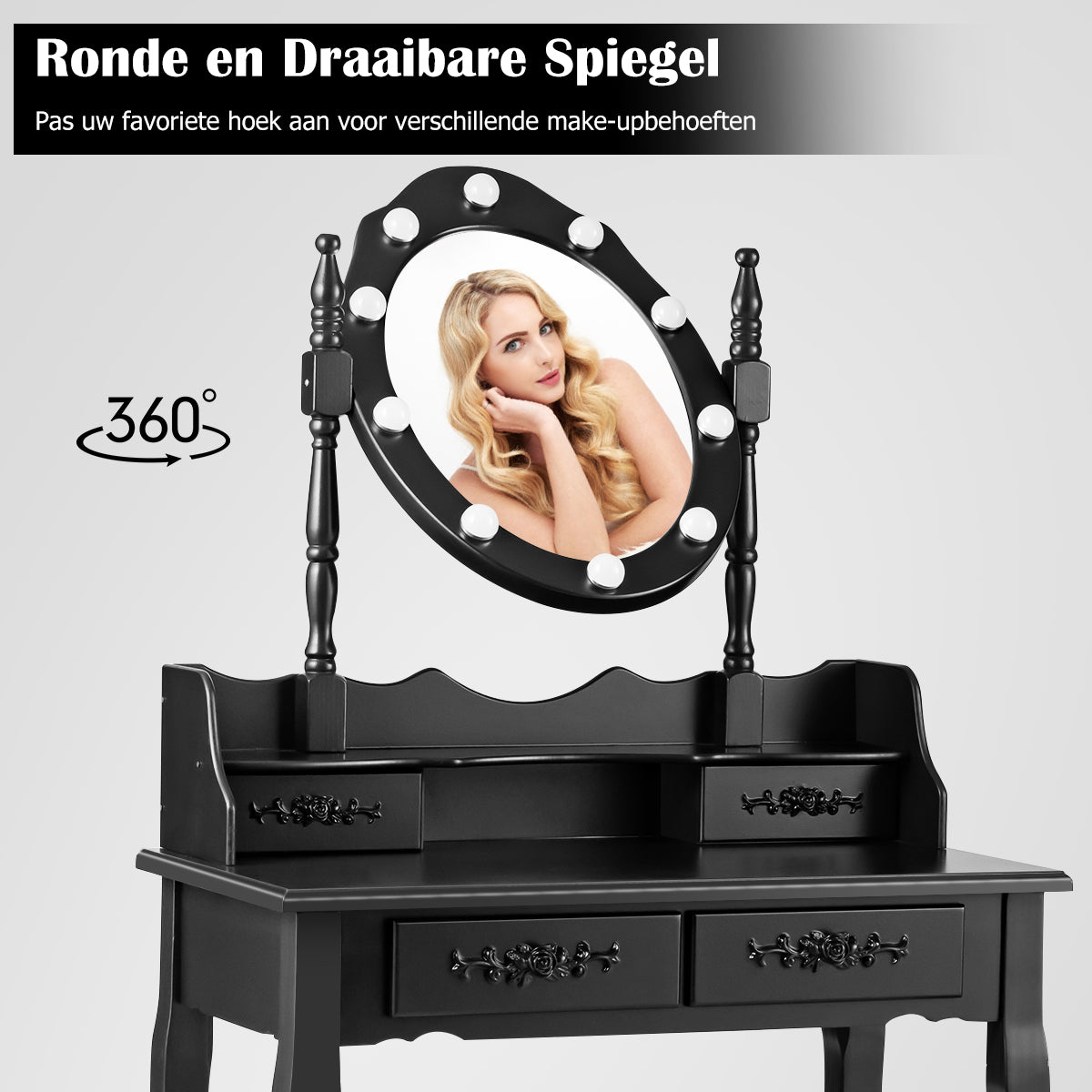 LIVSK Kaptafel met Ovale Spiegel en LED-Verlichting - Waterdicht MDF - Veel Opbergruimte - Comfortabele Kruk - Zwart