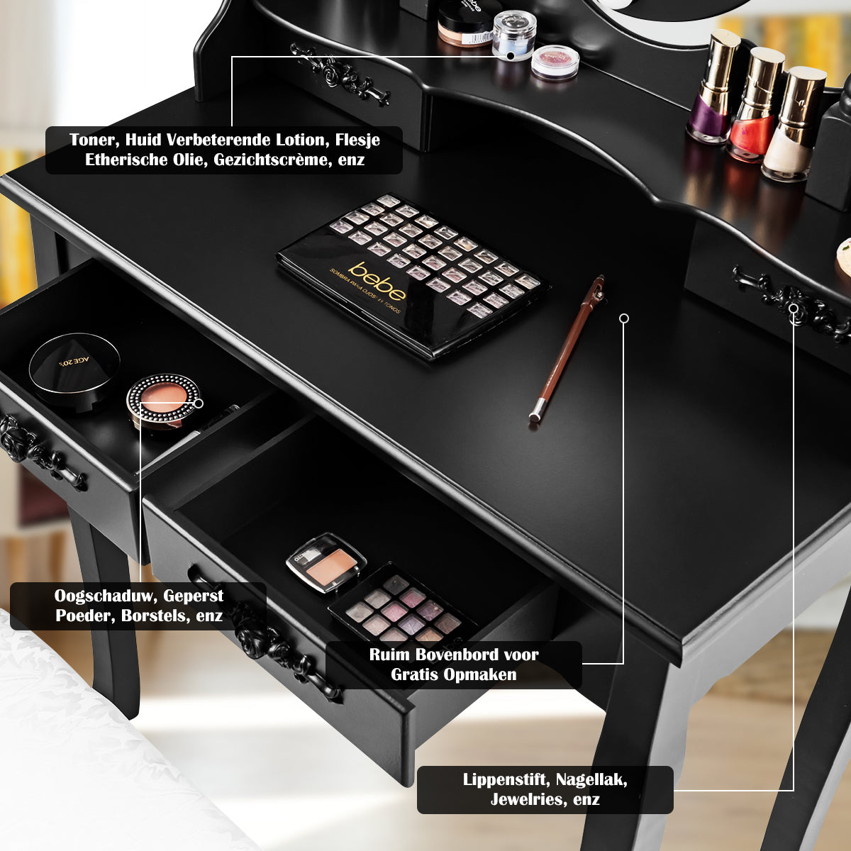 LIVSK Kaptafel met Ovale Spiegel en LED-Verlichting - Waterdicht MDF - Veel Opbergruimte - Comfortabele Kruk - Zwart