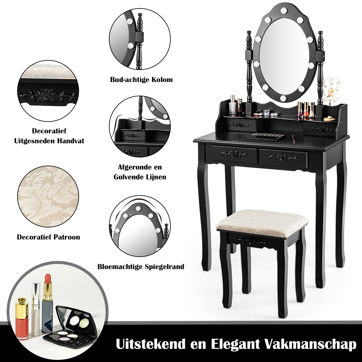 LIVSK Kaptafel met Ovale Spiegel en LED-Verlichting - Waterdicht MDF - Veel Opbergruimte - Comfortabele Kruk - Zwart